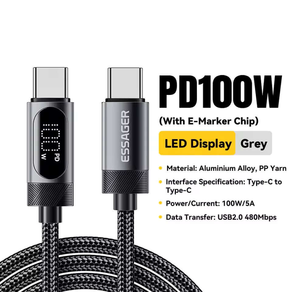 Universal charging cable with display 100W USB-C to USB-C - Black 2.0 m, perfect Charging Cable for fast charging.