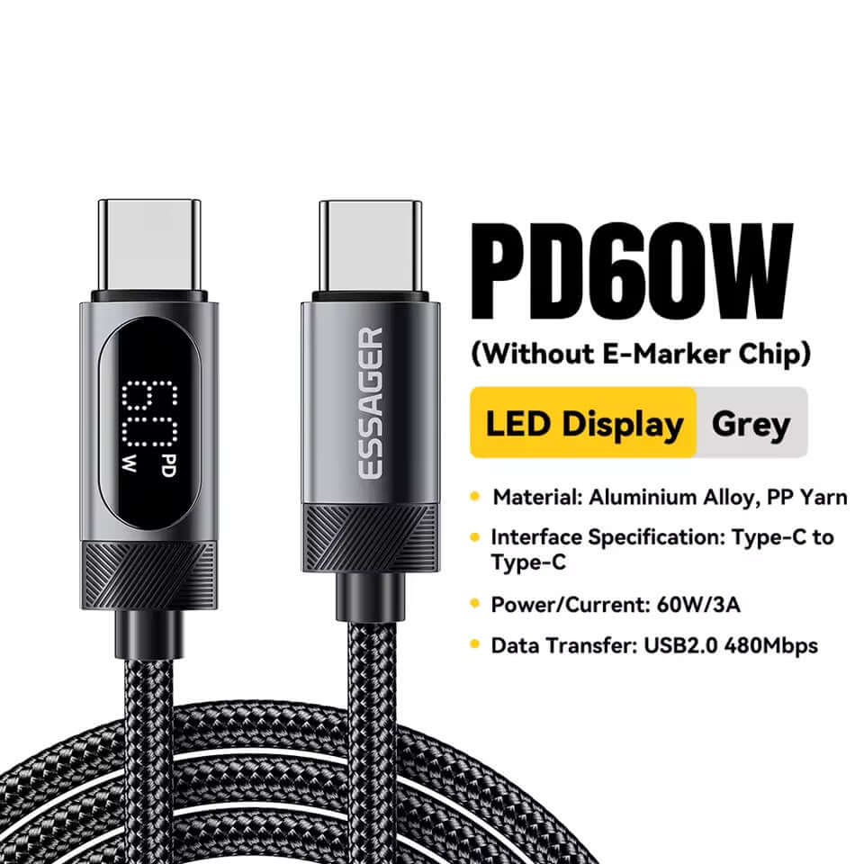 Universal charging cable with LED display, 60W USB-C to USB-C, black, perfect for fast charging, 2.0m. Charging Cable.