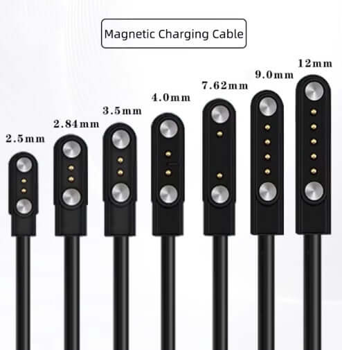 Magnetic Charging Cable with various connector sizes, including 2.5mm, 2.84mm, 3.5mm, 4.0mm, 7.62mm, 9.0mm, and 12mm.