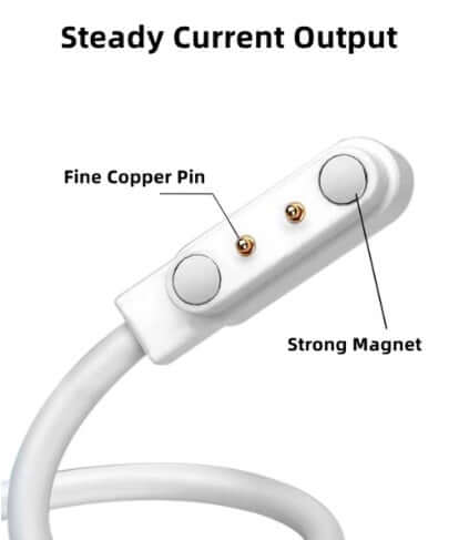 Close-up of universal magnetic charging cable connector highlighting fine copper pin and strong magnet for steady current output.