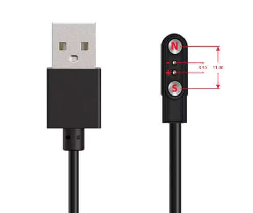 Universal magnetic charging cable - Black, USB-A with 3.5-11.0mm 2-pin connector for multiple devices.
