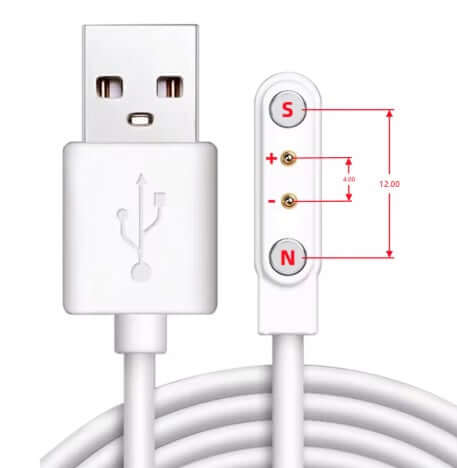 Universal magnetic charging cable with USB-A connector and thimble connector for versatile device compatibility.