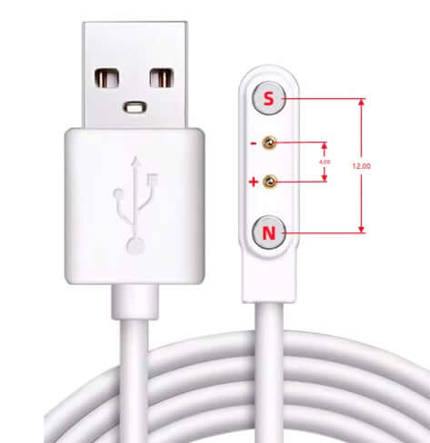 Universal magnetic charging cable USB-A connector with 4.0-12.0mm 2-pin specifications for versatile device compatibility.