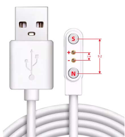 Universal magnetic charging cable with USB-A connector, compatible with various devices, features 2-pin connection.