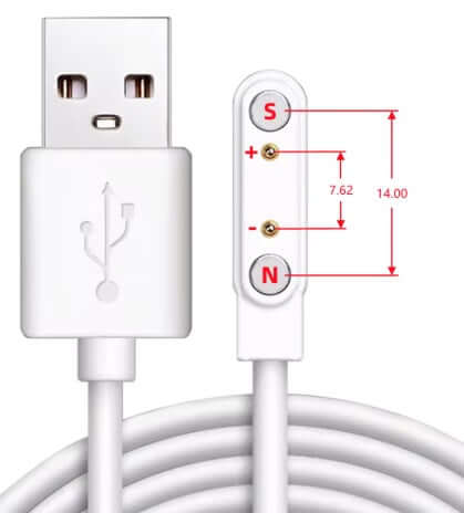 Universal magnetic charging cable close-up showing USB-A connector and 2-pin specifications, 7.62-14.0mm for versatile devices.