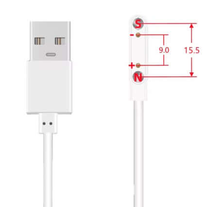 Universal Magnetic Charging Cable with USB-A connector and 9.0-15.5mm 2-pin compatibility.