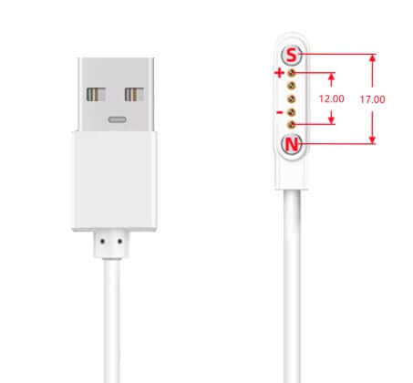 Universal magnetic charging cable showing USB-A connector and thimble connector dimensions, 12.0-17.0mm, Magnetic Charging Cable.