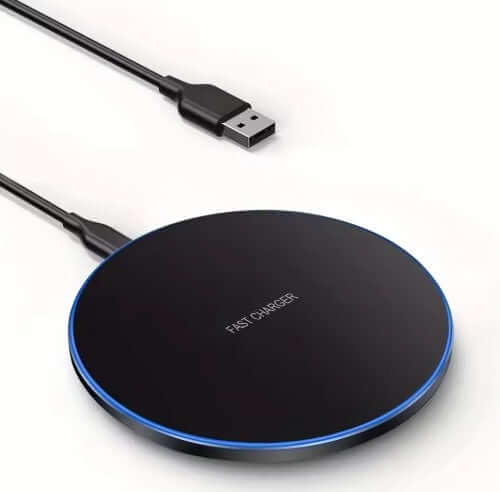 Universal wireless charger with USB cable, stylish black design for fast charging of devices.