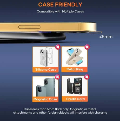 Image showing case friendly features of a wireless charger, compatible with silicone, magnetic cases, and credit cards.