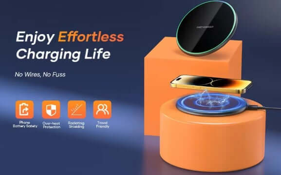Universal wireless desktop charger with an elegant design, showcasing fast charging capabilities for compatible devices.