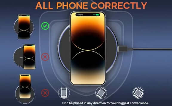 Illustration of correct phone placement on a universal wireless charger for optimal charging performance.
