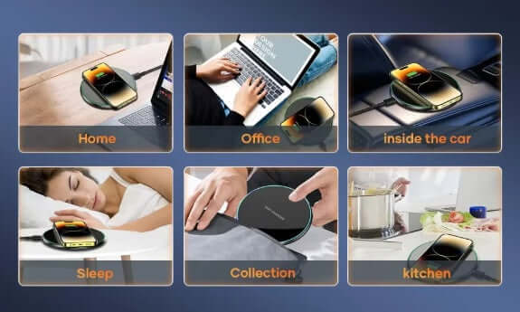 Universal wireless charger 30W showcased in various settings: home, office, car, sleep, collection, kitchen.