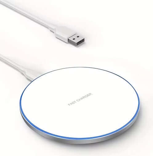Universal wireless charger with USB cable, featuring a modern design and fast charger capability.