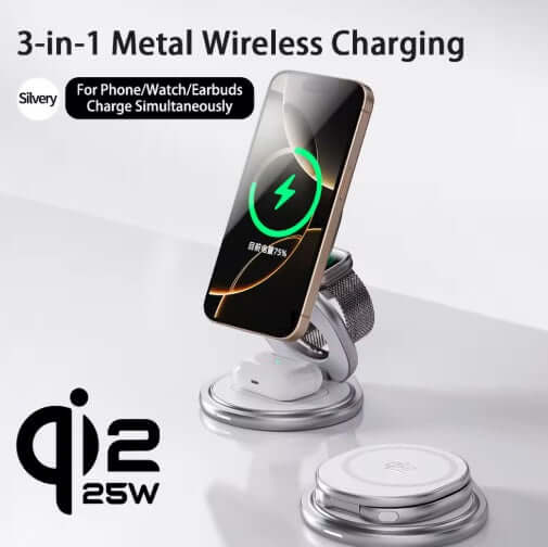 Wireless Charging Station 3-in-1 design for iPhone, Apple Watch and AirPods charging in silver, Qi2 technology, 25W.