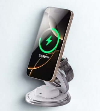 Wireless Charging Station in silver charging iPhone, Apple Watch, and AirPods simultaneously.
