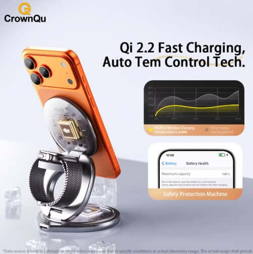 Wireless Charging Station showcasing Qi 2.2 Fast Charging and Auto Temperature Control Tech on iPhone.