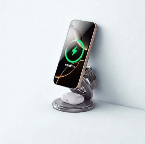 Wireless Charging Station charging iPhone and AirPods simultaneously, showcasing convenience and modern design.