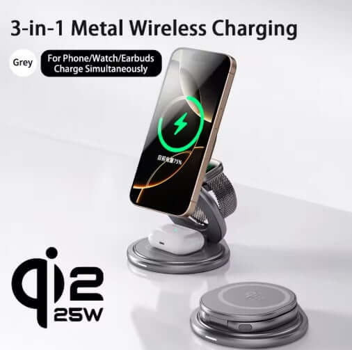 Wireless Charging Station 3-in-1 for iPhone, Apple Watch, and AirPods charging simultaneously, gray design, Qi2 25W.