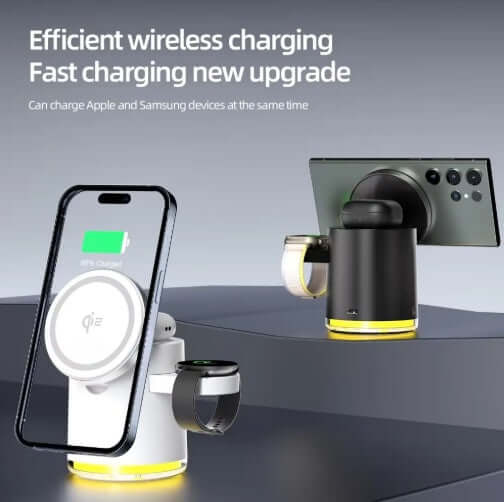 Wireless Charging Station with efficient charging for Apple and Samsung devices, showcasing Qi technology and stylish design.