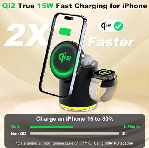 Wireless Charging Station for fast and efficient Qi2 15W charging of iPhone and Apple Watch.
