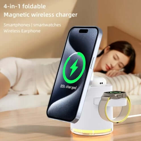 Wireless Charging Station charging a smartphone, smartwatch, and wireless earphones on a stylish bedside table.