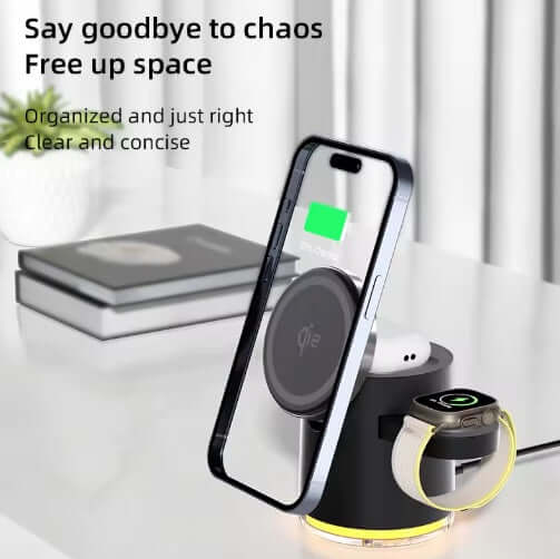 Wireless Charging Station 4-in-1, Qi2 15W in use with phone, earbuds, and watch, promoting organization and space-saving.