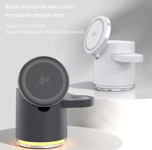 Wireless Charging Station in black and white colors showcasing Qi2 technology for fast charging.