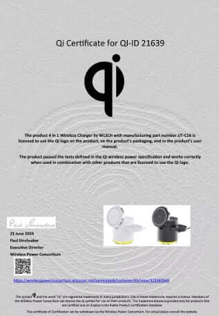 Qi Certificate for Wireless Charging Station, confirming Qi-ID 21639 compliance and safety standards.