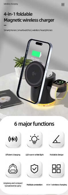 Wireless Charging Station showing a 4-in-1 foldable magnetic wireless charger with LED indicator and multiple device compatibility.