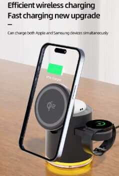 Wireless Charging Station charging Apple and Samsung devices with efficient wireless charging technology.