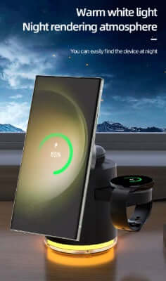 Wireless Charging Station 4-in-1, Qi2 15W – White with warm white light and charging smartphone