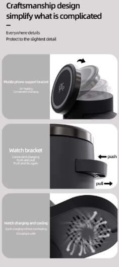 Wireless Charging Station showcasing craftsmanship design details, mobile phone support bracket, watch bracket, and cooling features.