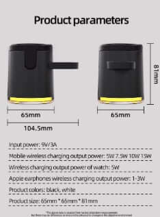 Product parameters for Wireless Charging Station, highlighting specifications and dimensions in black and white.