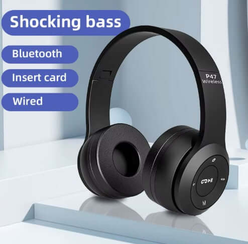 Wireless Headphones Briame P47 in black with Bluetooth, insert card, and wired options, showcasing a sleek design and shocking bass.