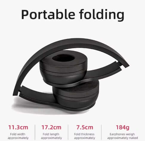 Portable folding design of Briame P47 Wireless Headphones with dimensions for convenience and ease of use.