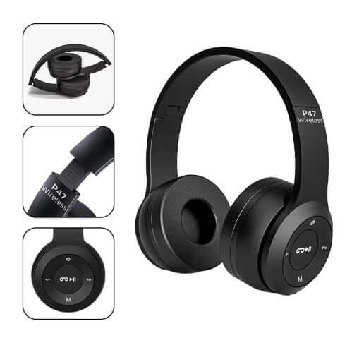 Wireless Headphones Briame P47 in black, showcasing its design and features, suitable for a stylish audio experience.