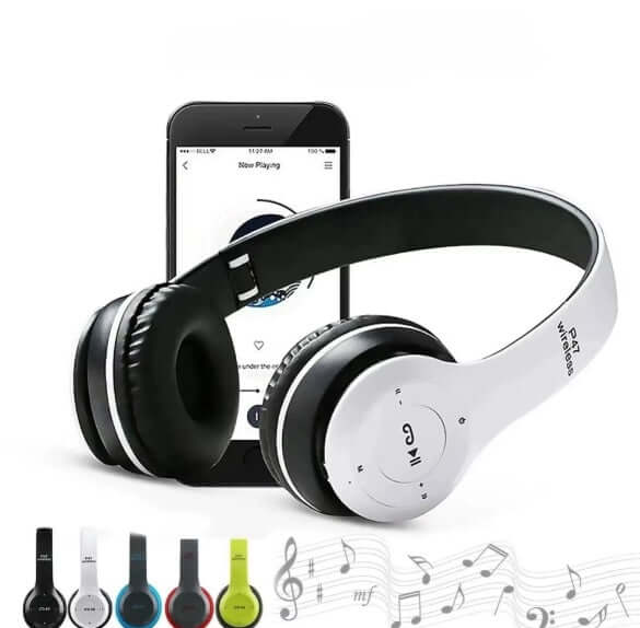 Wireless Headphones Briame P47 - White shown with smartphone, highlighting wireless connectivity and stylish design.