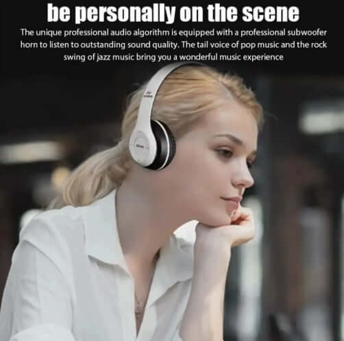 Woman enjoying music with Wireless Headphones Briame P47 - Red, showcasing stylish design and powerful sound quality.