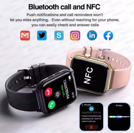 Xiaomi Series 10 Smart Watch showcasing Bluetooth call, NFC, and notifications features on two stylish bracelets.