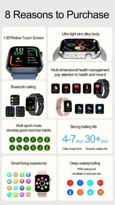 Xiaomi Series 10 Smart Watch features: 1.85" Retina screen, Bluetooth calling, multi-sport modes, long battery life, and health management.