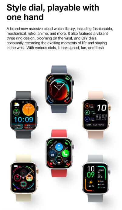 Smart Watch with various colorful dials showcasing features and styles, playable with one hand, on display.