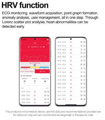HRV function screen showing ECG monitoring and smart watch heart health data analysis on a smartphone.