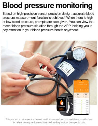 Blood pressure monitoring using a smart watch with blood pressure cuff, showing health data on screen.
