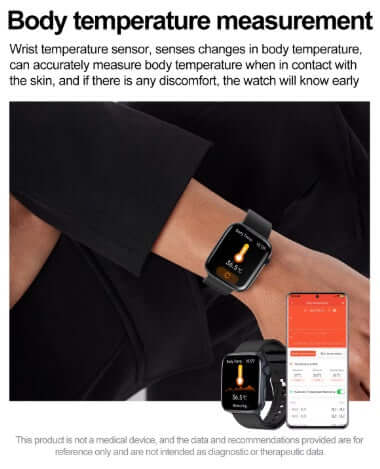 Xiaomi Series 10 Smart Watch with body temperature measurement feature displayed on wrist next to smartphone showing data.