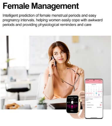 Smart Watch displaying female management features for menstrual and pregnancy tracking, with a woman using a phone.