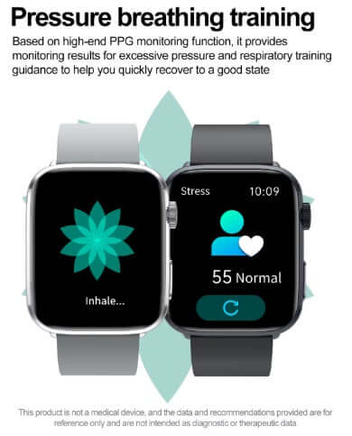 Smart Watch showing pressure breathing training features and health monitoring results on a touchscreen display.