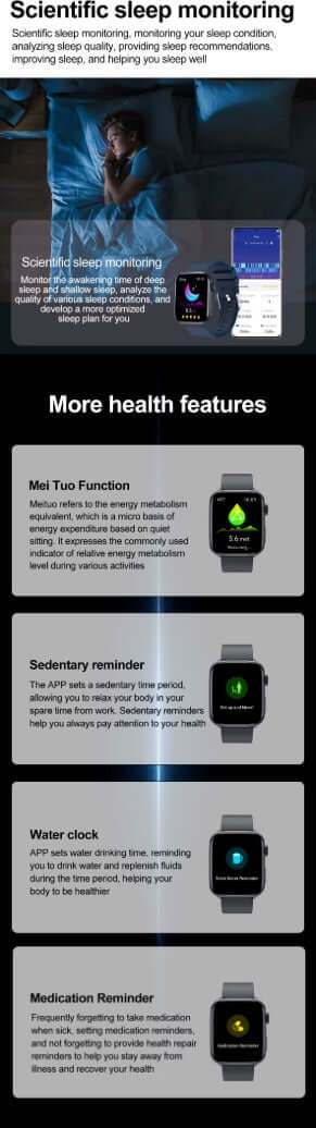 Xiaomi Series 10 Smart Watch displaying sleep monitoring features and health functions such as hydration and medication reminders.