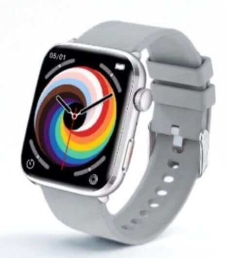 Xiaomi Series 10 Smart Watch with silver case and gray silicone strap featuring colorful HD touchscreen display.