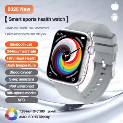 Xiaomi Series 10 Smart Watch with silver case and gray silicone strap, showcasing health tracking features and vibrant display.