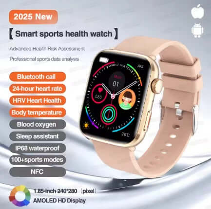 Xiaomi Series 10 Smart Watch with gold case and pink silicone strap showcasing features like Bluetooth call and health tracking.